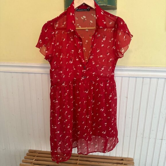 Abercrombie & Fitch Dresses & Skirts - Abercrombie & Fitch Red Floral Sheer Short-Sleeve babydoll Dress S
